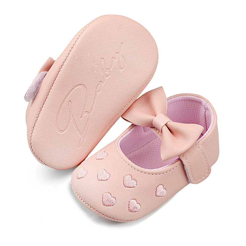 Spring and Autumn Style Embroidered Heart Bow Baby Shoes Pre-Step Shoes 0-1 Years Old Hand-Cuddle Shoes for Boys and Girls Soft Sole