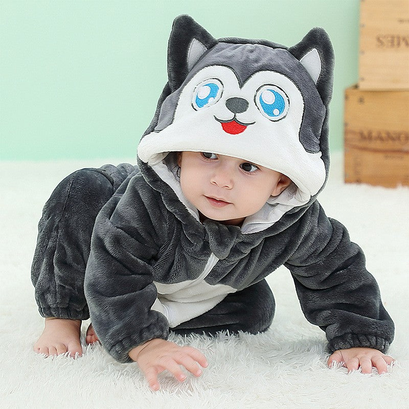 Male and female baby cartoon animal hat jumpsuit cross-border children's clothing cute ears flannel warm sleeping clothes