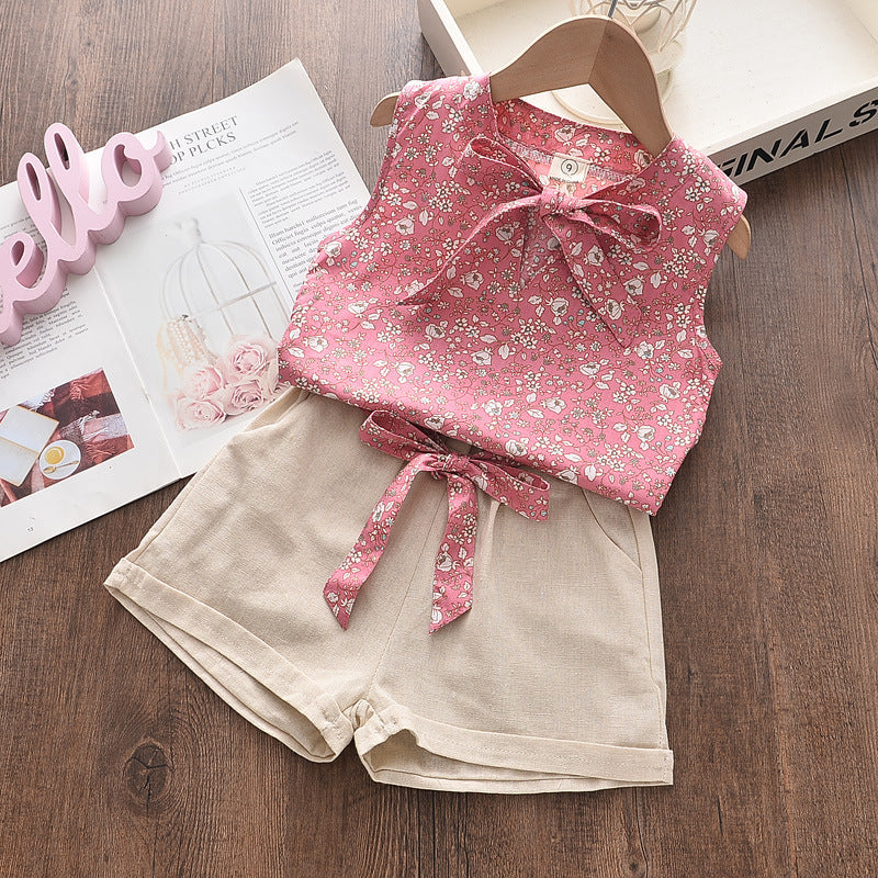 Children's clothing summer new arrival 0-4 years old baby girl Korean style floral Bohemian style sleeveless vest shorts two-piece set