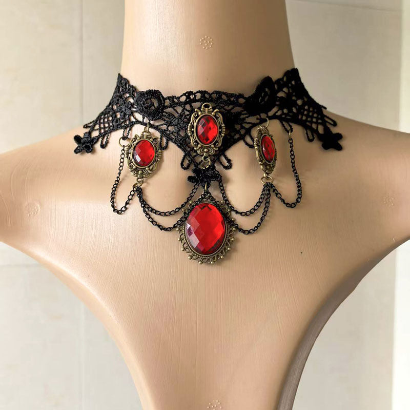 exaggerated Halloween necklace cross-border jewelry Gothic ruby teardrop lace necklace earring set