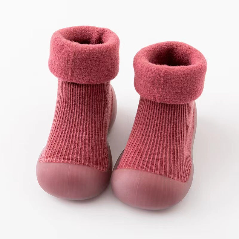 Baby learning shoes autumn and winter plus velvet thick soft bottom non-slip boys and girls baby shoes pure cotton floor socks keep warm