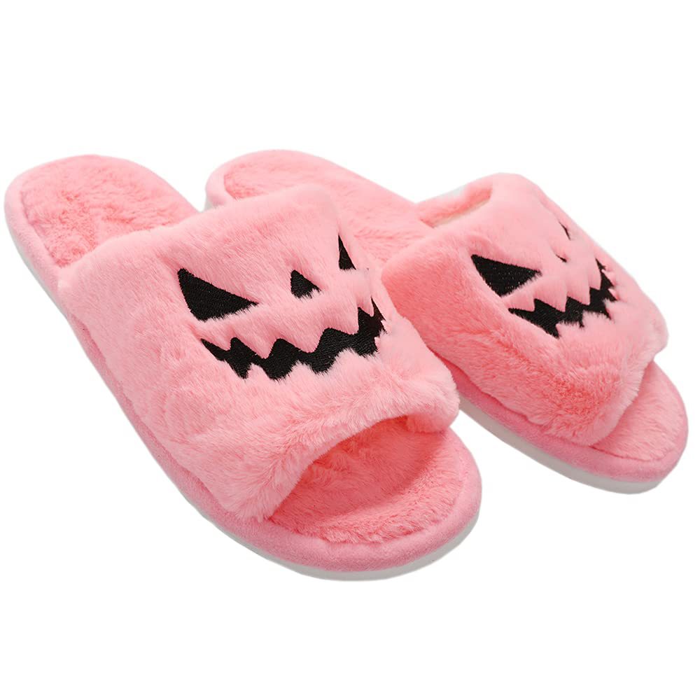 Cross-border plus size slippers female Halloween pumpkin lantern soft European and American plush open toe outer wear plush