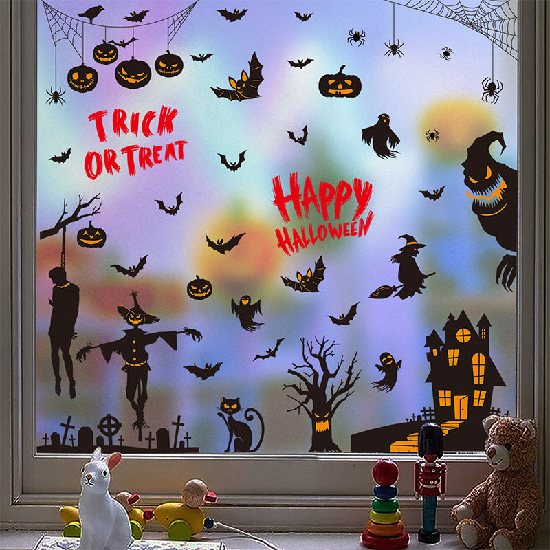 Halloween Window Decoration Paper Haunted House Pumpkin Ghost Bat Static Glass Window Sticker Halloween Party Window Sticker
