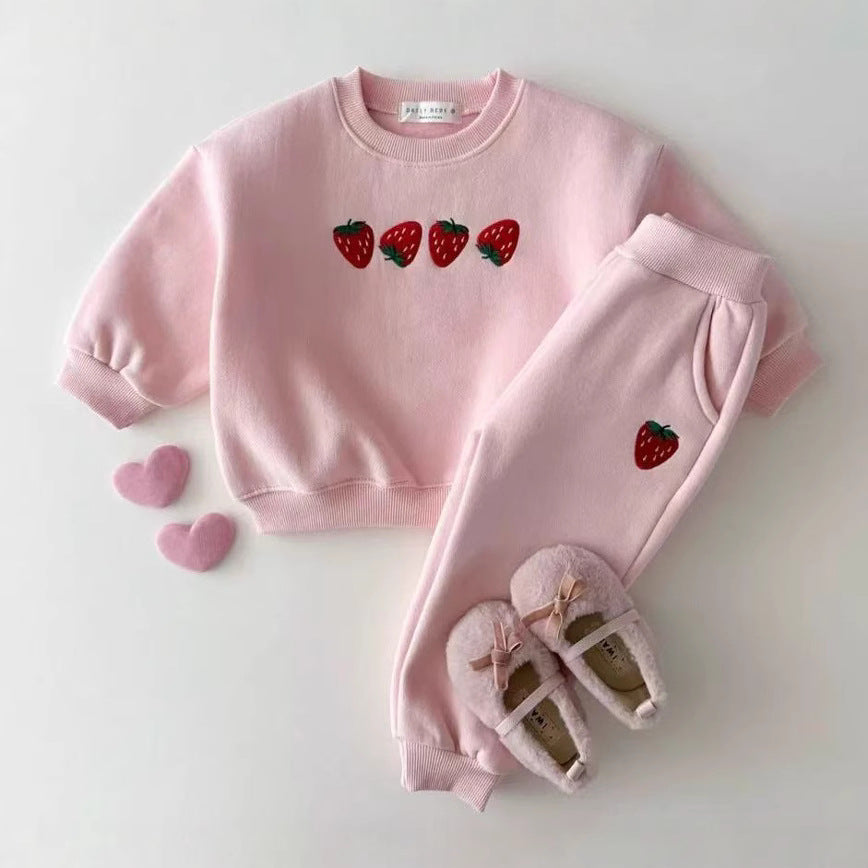 2025 Korean version of children's spring and autumn new cotton suits for boys and girls baby strawberry embroidered sweatshirts all-match two-piece suits cross-border