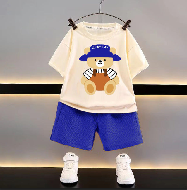 Summer children's short-sleeved shorts suit boy loose casual clothes boy waffle baby children's clothing wholesale