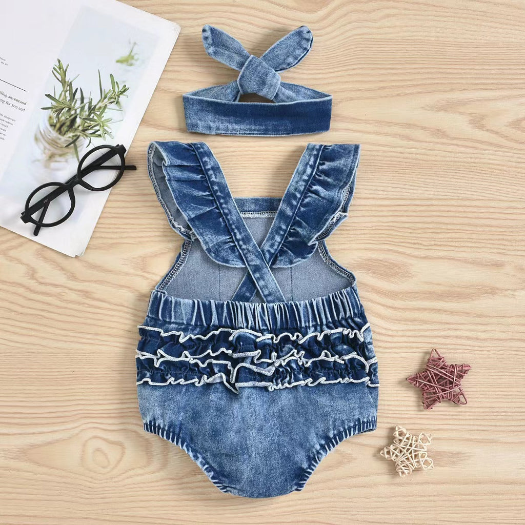 2025 Cross-border infant and toddler summer versatile baby girl colorful red embroidery blue denim suspenders bellyband romper