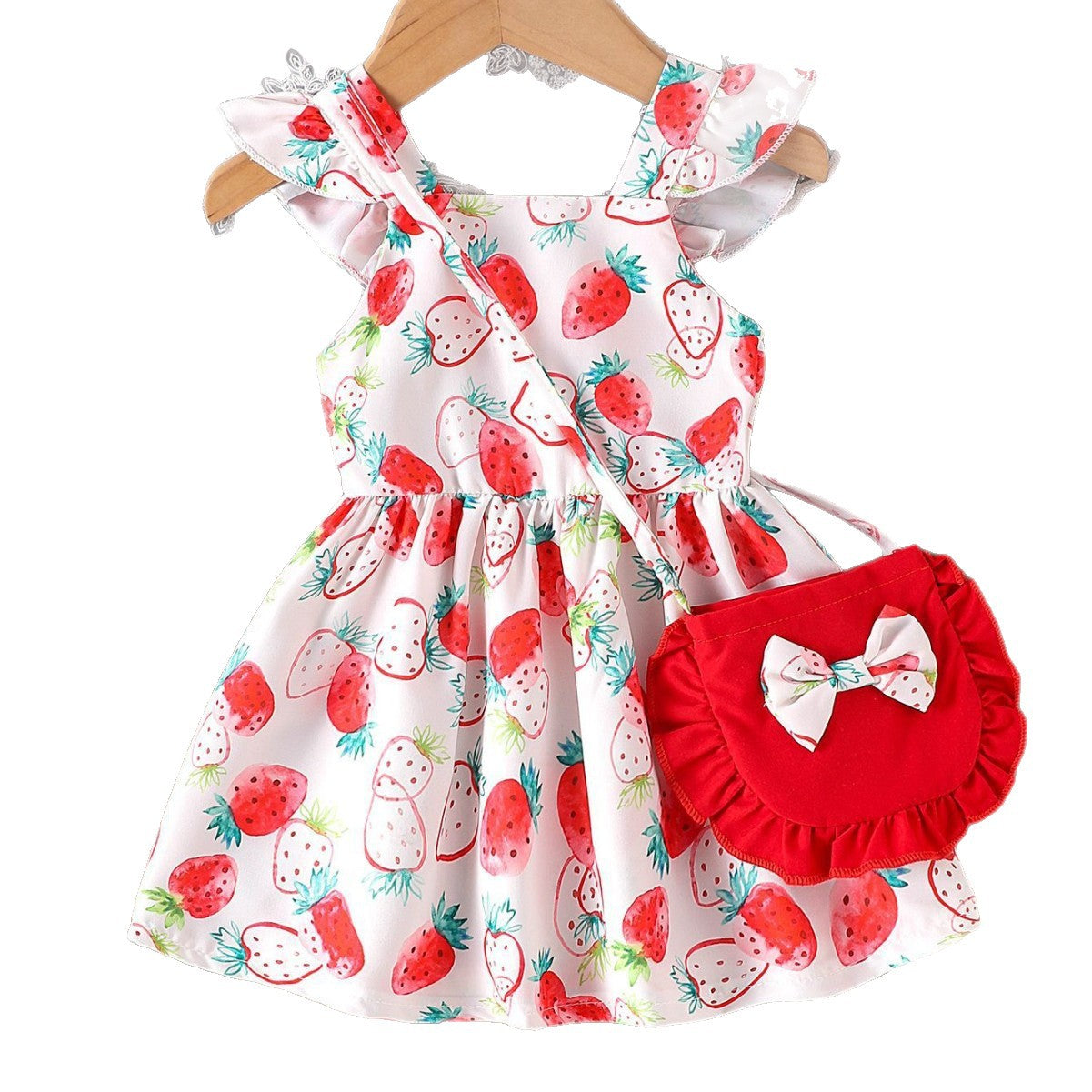 Cross-border European and American shein summer cute baby girl suit infant flying sleeve strawberry print dress shoulder bag