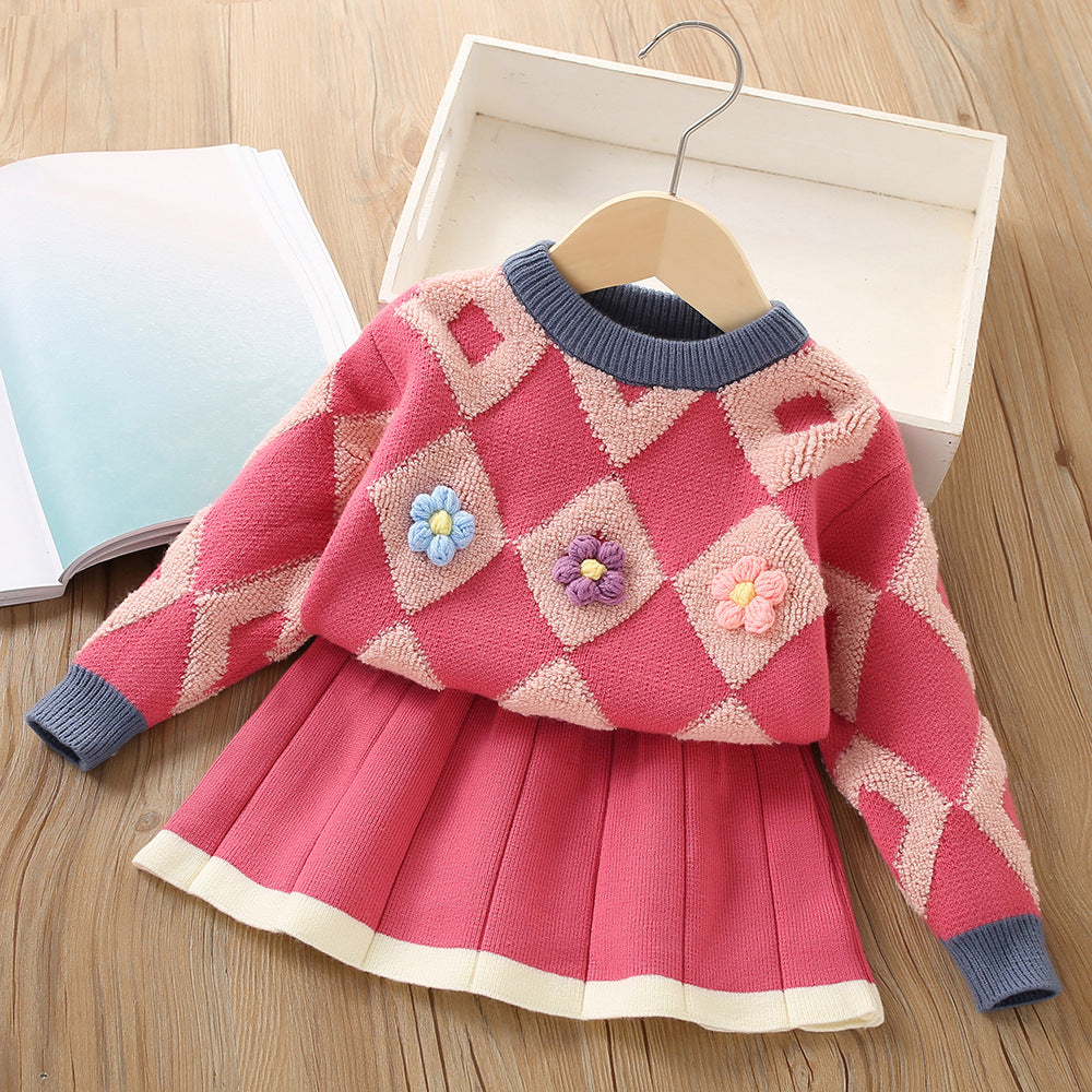 Girls sweater suit 2023 autumn and winter new style fashionable baby girl flower contrast color long sleeve children's knitted two-piece suit