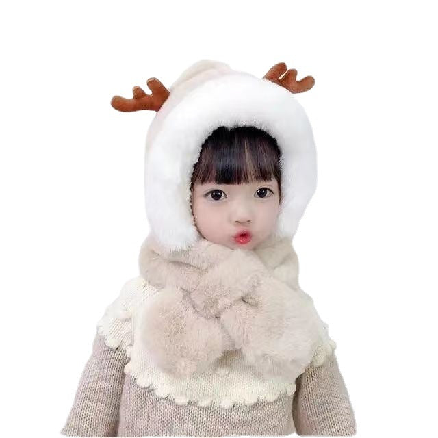 Winter outdoor children's hat scarf integrated boys and girls thick warm plush cute baby deer antler ear protection hat