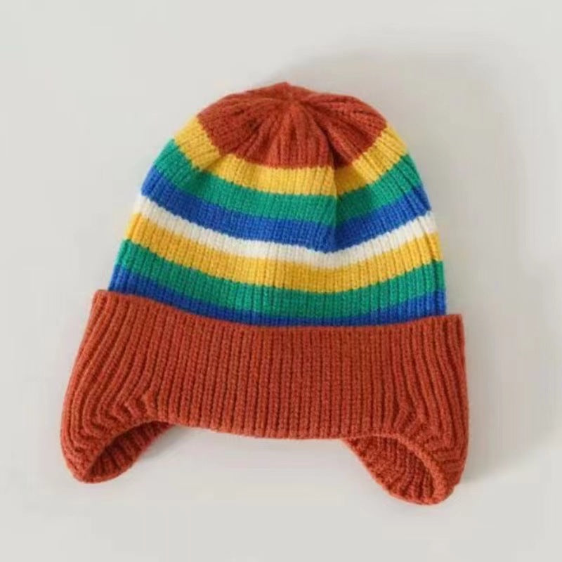 New autumn and winter children's warm hats cute bear double ball hats infant baby warm ear protection knitted wool hat