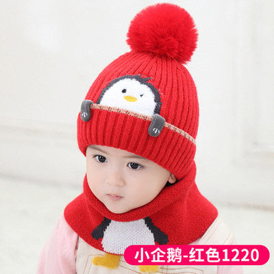 New autumn and winter children's warm hats cute bear double ball hats infant baby warm ear protection knitted wool hat