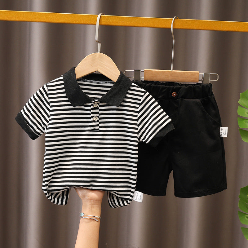 Boys summer clothes children's short-sleeved suits summer new style little boy baby fashion striped polo shirt two-piece suit trendy