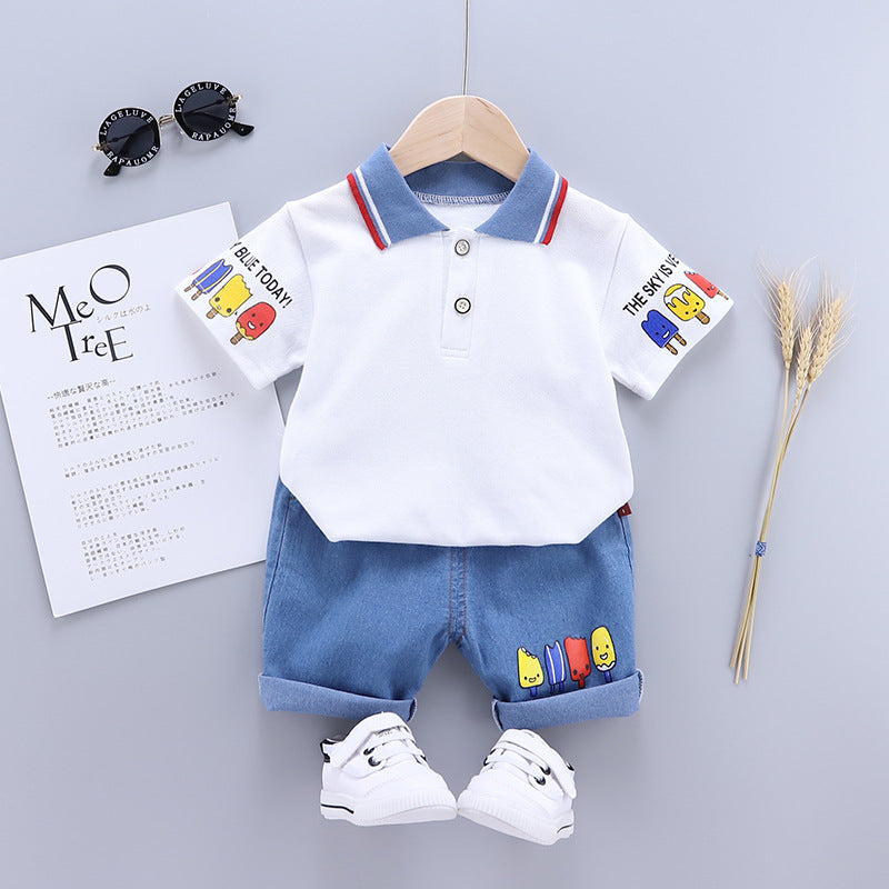 Boys summer clothes children's short-sleeved suits summer new style little boy baby fashion striped polo shirt two-piece suit trendy