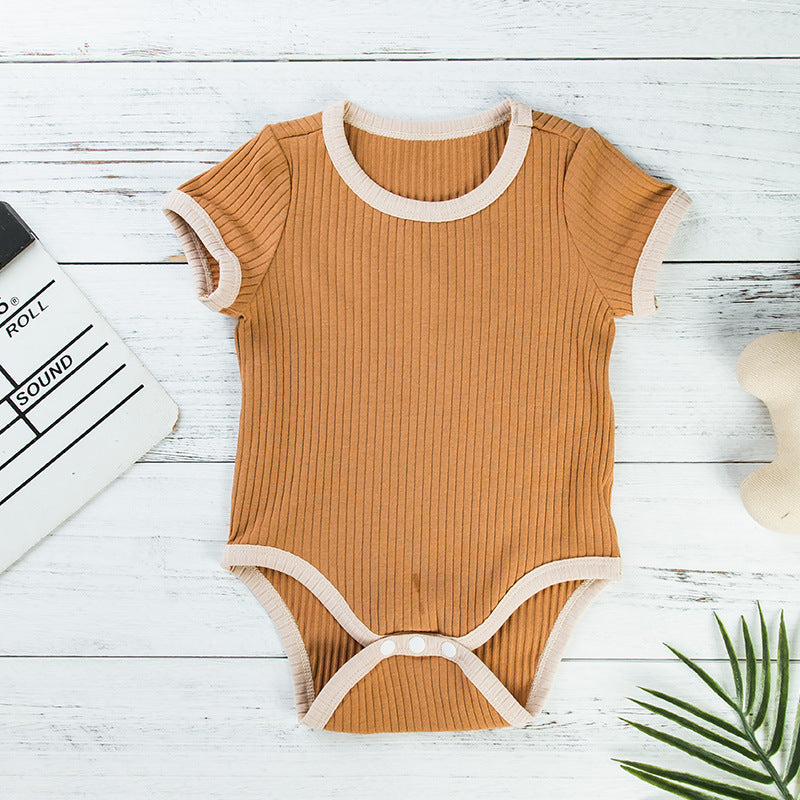 2025 Factory Wholesale Spring and Autumn New Baby Clothes Boys and Girls Short Sleeve Contrast Color Romper Crawling Clothes One-piece Clothes