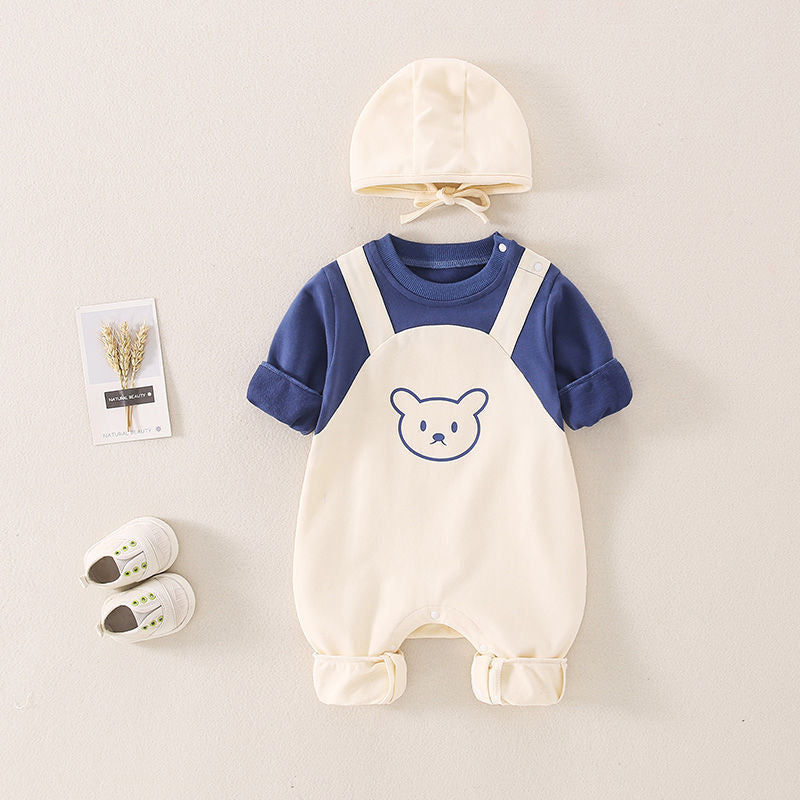 Newborn baby autumn clothes cute super cute baby one-piece romper spring and autumn style full moon 100 days with hood outdoor crawling clothes