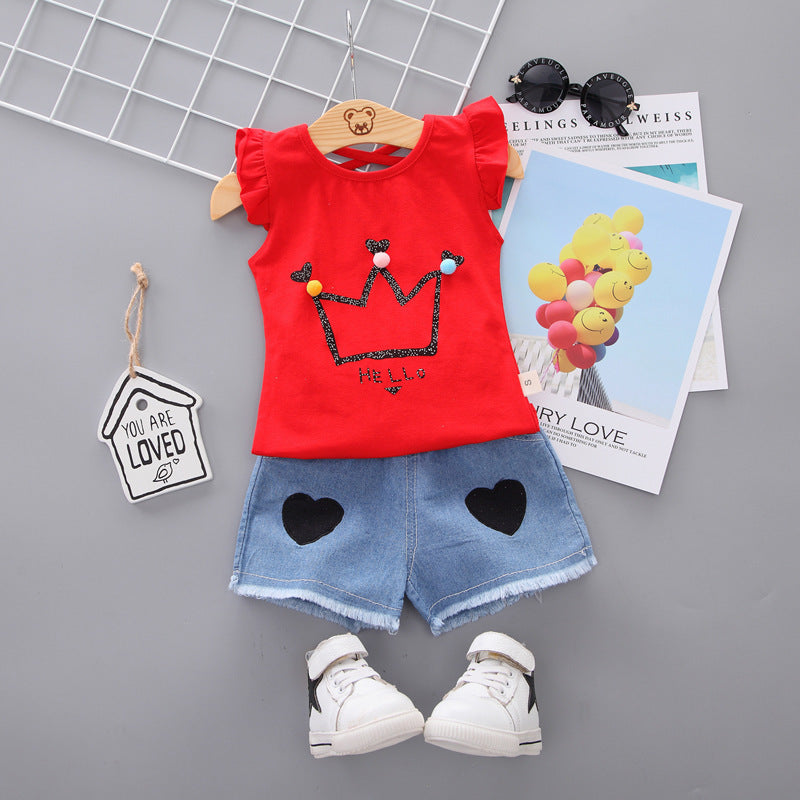 Korean children's clothing summer clothes girls summer cartoon flower vest suit 0-4 years old baby girl shorts two-piece suit trendy