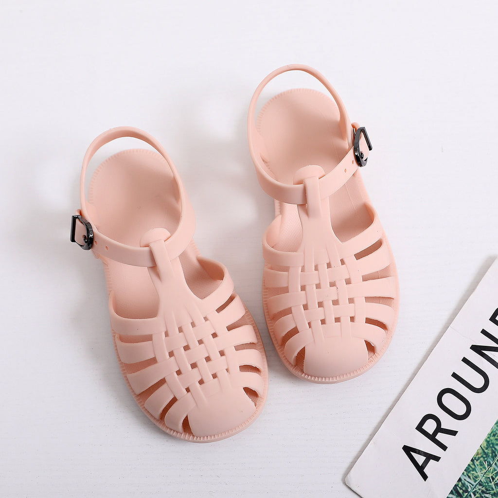 Summer children's jelly shoes baby toddler shoes for middle and large boys and girls with closed toe Roman shoes with soft bottom and flat bottom hole shoes