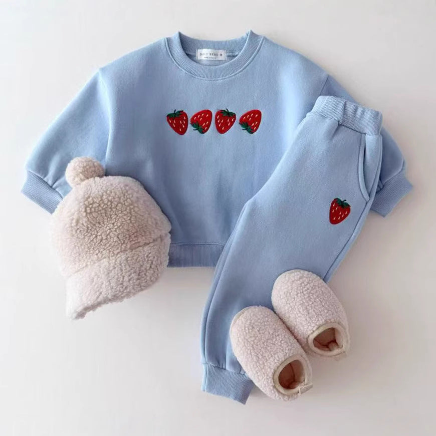 2025 Korean version of children's spring and autumn new cotton suits for boys and girls baby strawberry embroidered sweatshirts all-match two-piece suits cross-border