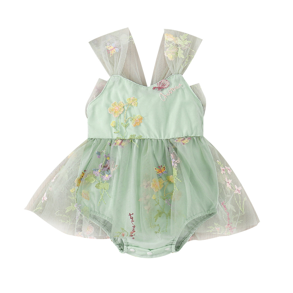 Baoxin children's clothing Korean version spring and summer girls baby sling embroidered flowers mesh princess can open crotch fart baby romper