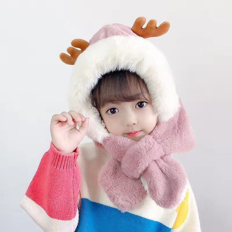 Winter children's hat scarf one-piece thick warm baby cute baby boys and girls animal windproof ear protection hat