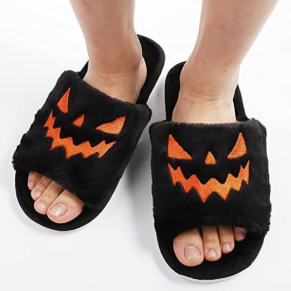 AliExpress autumn slippers Halloween jack-o-lantern slippers soft European and American plush comfortable open-toed outer wear plush slippers