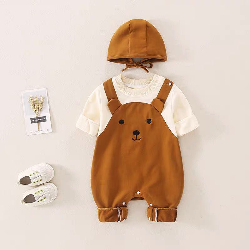 Newborn baby autumn clothes cute super cute baby one-piece romper spring and autumn style full moon 100 days with hood outdoor crawling clothes