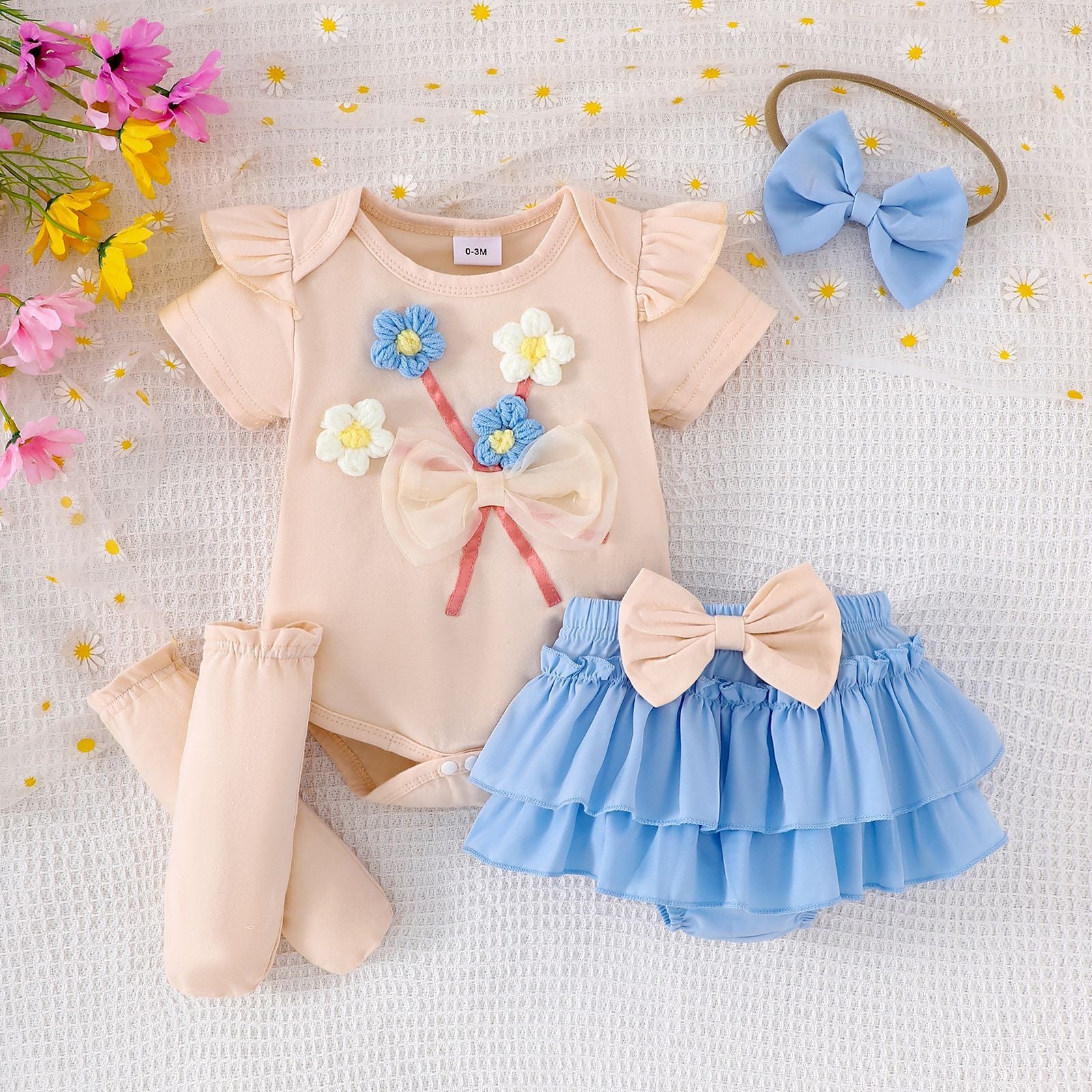 Cross-border European and American summer baby girl suits, small and medium-sized children's baby rompers, bow short skirts, socks, headwear