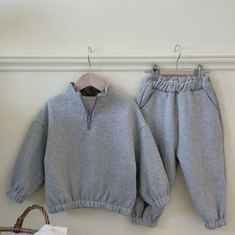 ins Korean version of winter children's clothing boys simple solid color plus velvet suit baby girl fashion outing clothes two-piece suit