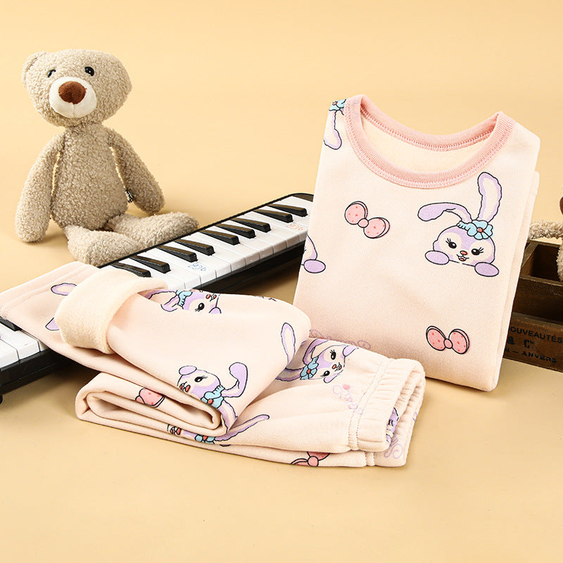 Children's thermal underwear set plus velvet and thickened winter boys' baby autumn clothes autumn pants girls' warm clothing set