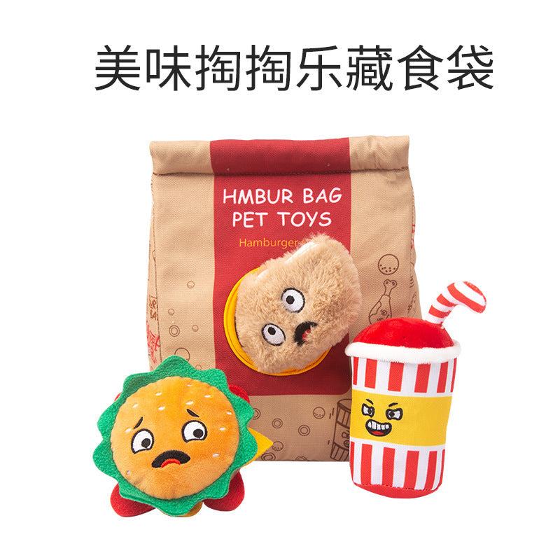 Amazon cross-border pet food and play bag ready-made cheese set American hamburger sound plush sniffing dog toy