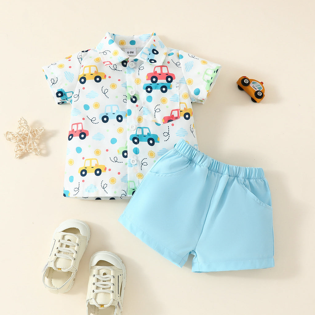 Children's clothing 2024 summer new style baby boy shirt dress cartoon cute top solid color shorts two-piece suit