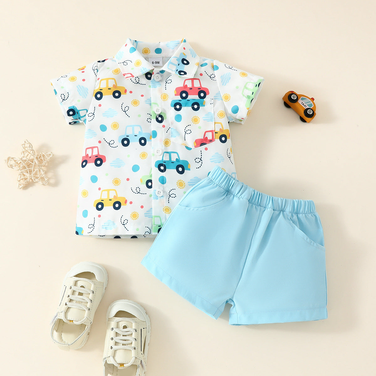 Children's clothing 2024 summer new style baby boy shirt dress cartoon cute top solid color shorts two-piece suit