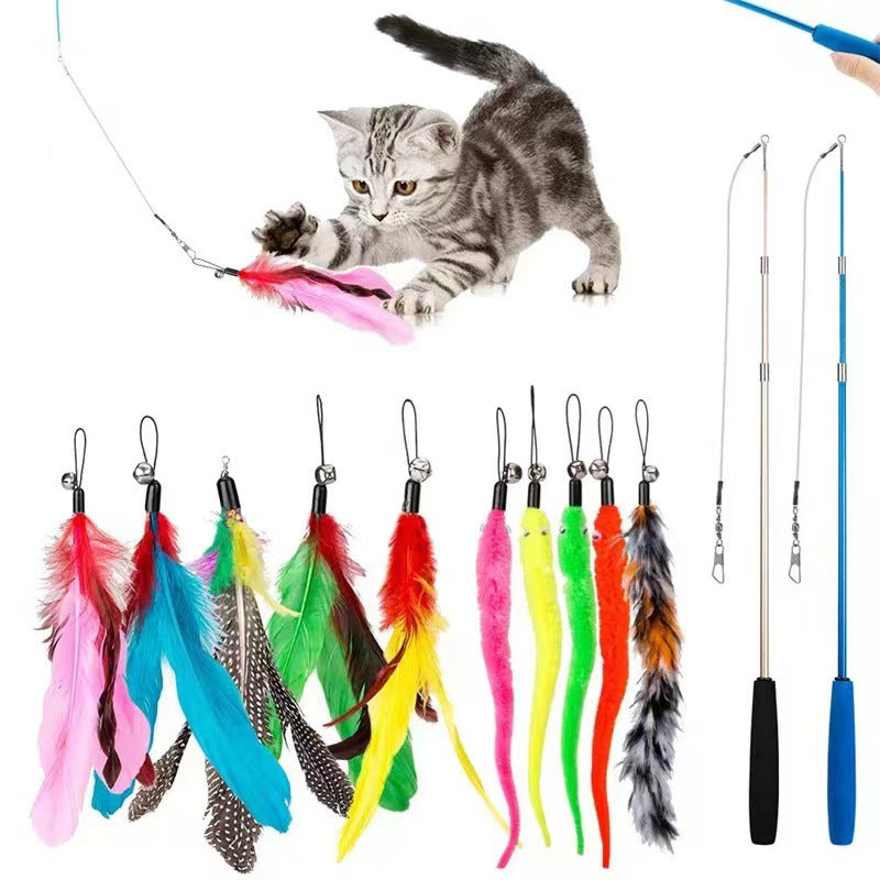 Pet cat toy set colorful feather fishing rod caterpillar bell replaceable head cat amuse stick