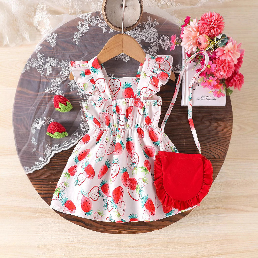 Cross-border European and American shein summer cute baby girl suit infant flying sleeve strawberry print dress shoulder bag