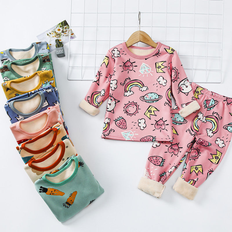 Children's thermal underwear set plus velvet and thickened winter boys' baby autumn clothes autumn pants girls' warm clothing set