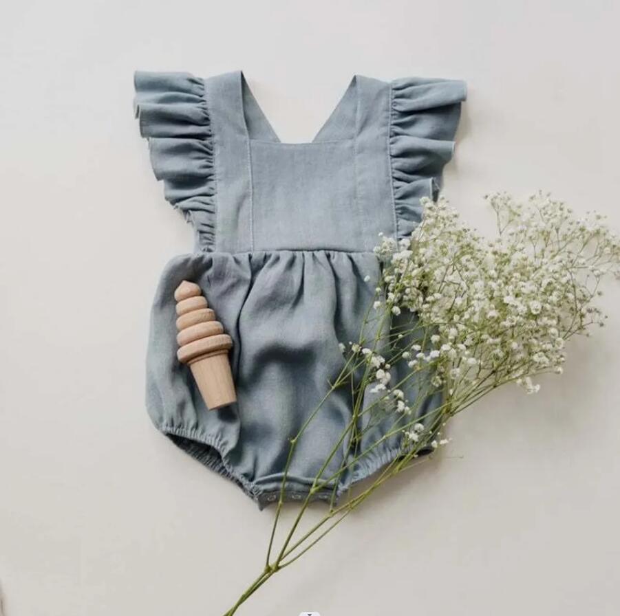 European and American baby cotton and linen romper jumpsuit crawling clothes ruffled straps fart clothes Amazon baby romper