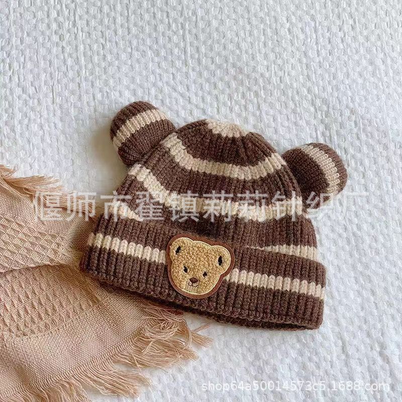 New autumn and winter children's warm hats cute bear double ball hats infant baby warm ear protection knitted wool hat