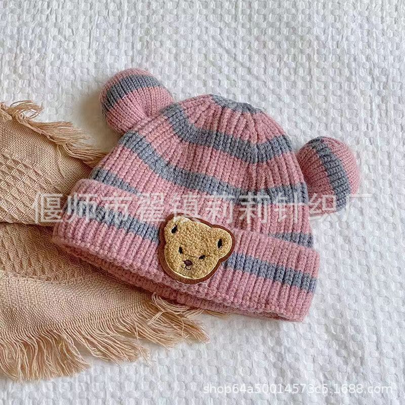 New autumn and winter children's warm hats cute bear double ball hats infant baby warm ear protection knitted wool hat