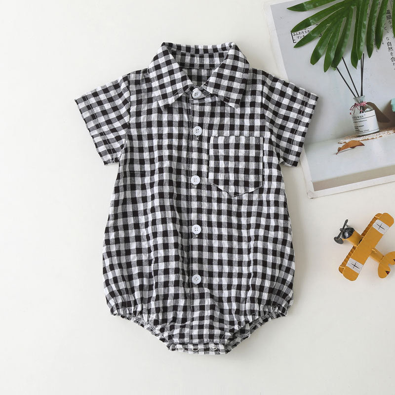 0-3 years old plaid one-piece romper newborn romper summer baby cotton short-sleeved shirt bag fart clothes baby and children's clothing