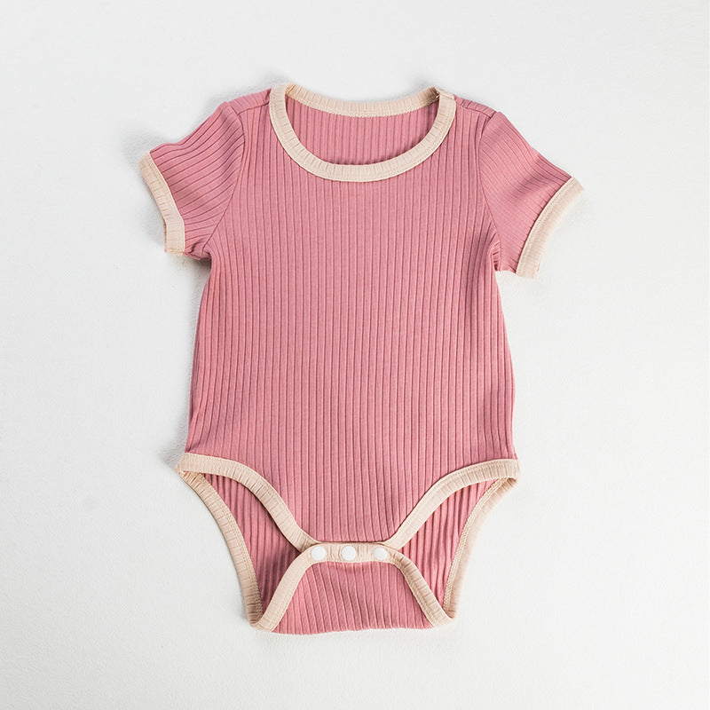 2025 Factory Wholesale Spring and Autumn New Baby Clothes Boys and Girls Short Sleeve Contrast Color Romper Crawling Clothes One-piece Clothes