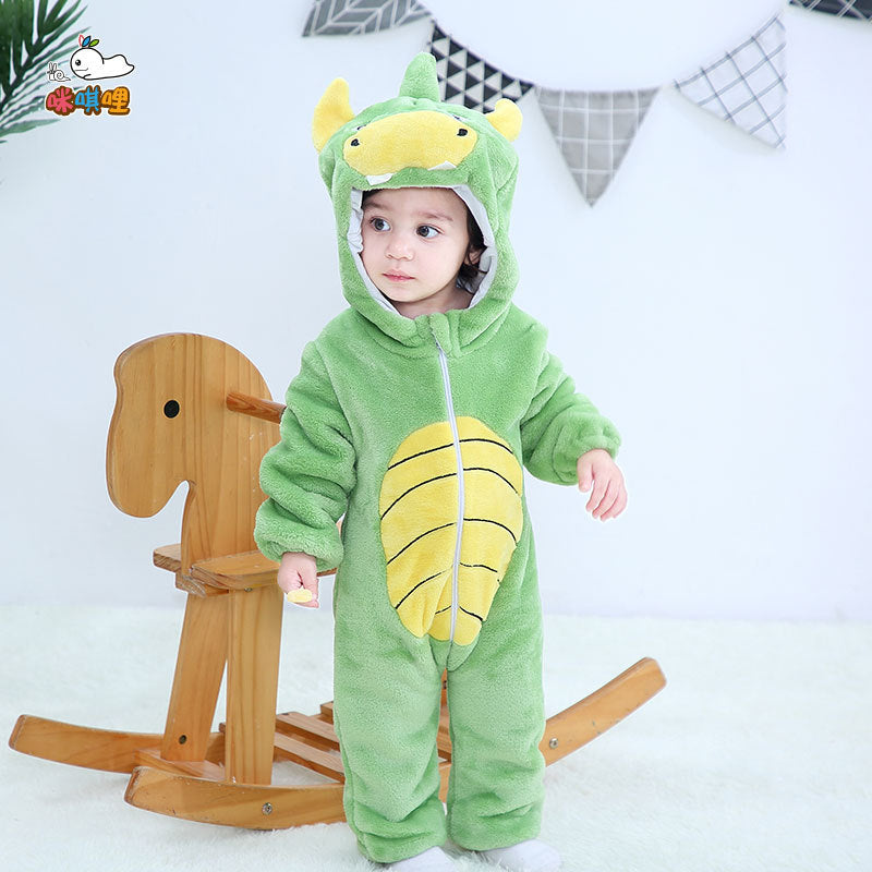 Mimi miles green dinosaur baby hooded animal crawling clothes flannel children's clothes cute baby crawling clothes