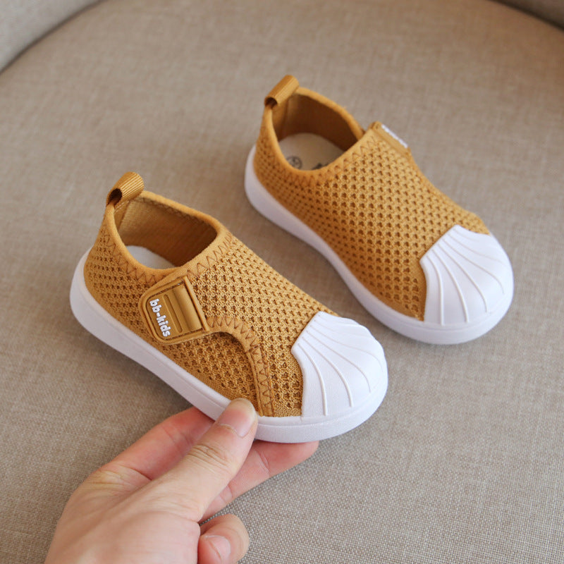 Spring and autumn children's shoes non-slip soft bottom children's sports shoes men and women small and medium children breathable flying woven board shoes shell head baby
