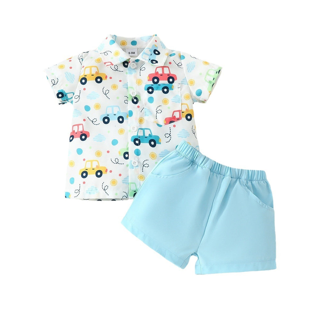 Children's clothing 2024 summer new style baby boy shirt dress cartoon cute top solid color shorts two-piece suit