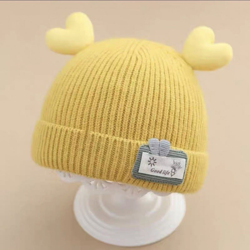 New autumn and winter children's warm hats cute bear double ball hats infant baby warm ear protection knitted wool hat