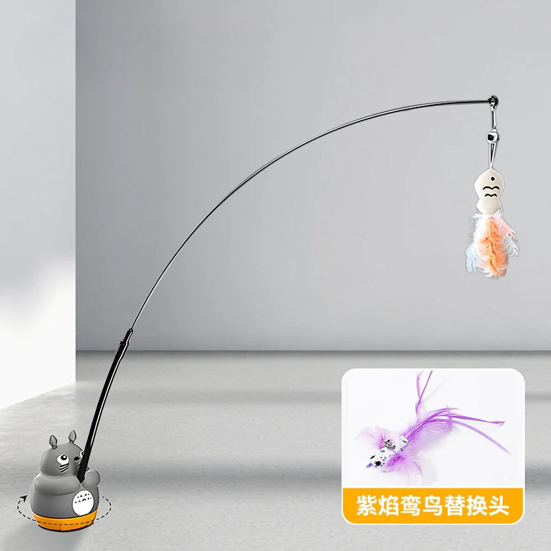 Cartoon chinchilla 360 rotating fishing cat teaser stick self-entertainment replaceable feather long rod cat teaser pet toy