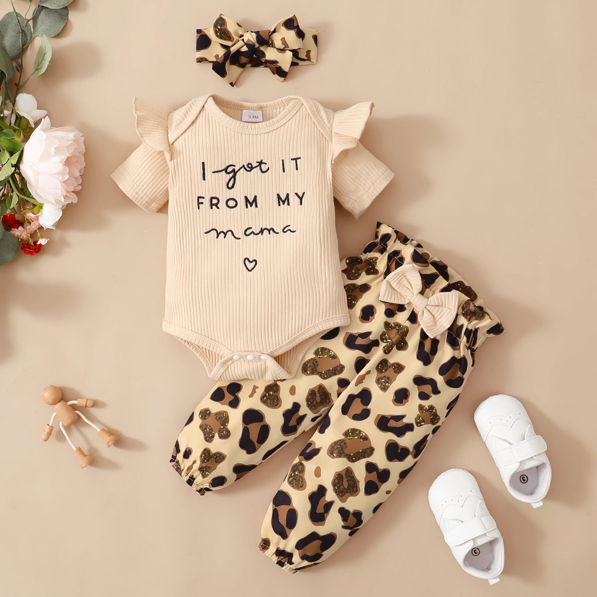 Amazon ebay new baby girl summer cute stylish knitted three-piece short-sleeved romper leopard print suit