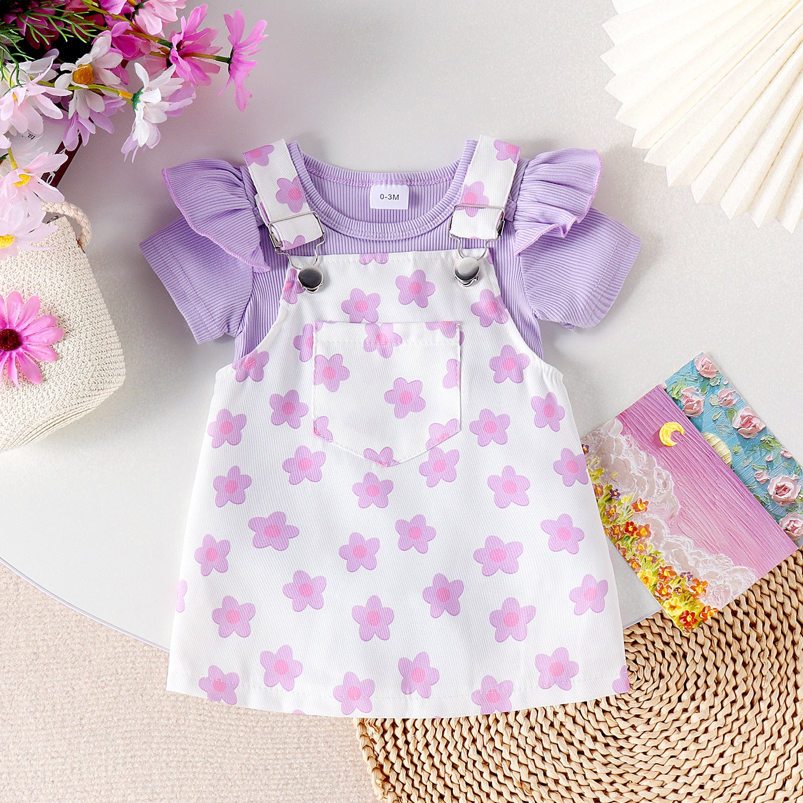 Cross-border Korean cute baby and toddler suits Summer flying sleeves open crotch inner wear Flower print suspender skirt two-piece suit