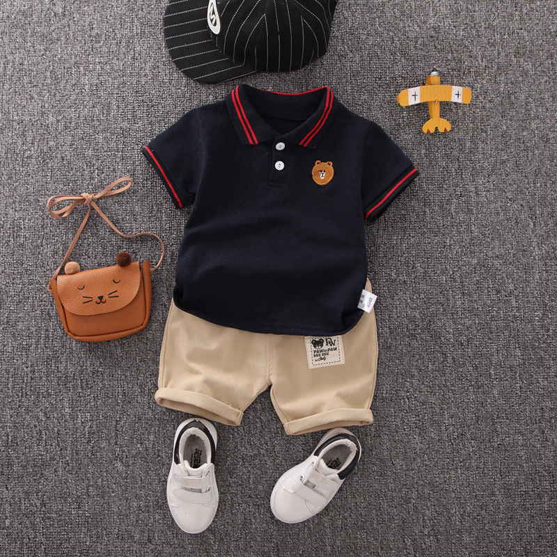 Boys summer clothes children's short-sleeved suits summer new style little boy baby fashion striped polo shirt two-piece suit trendy