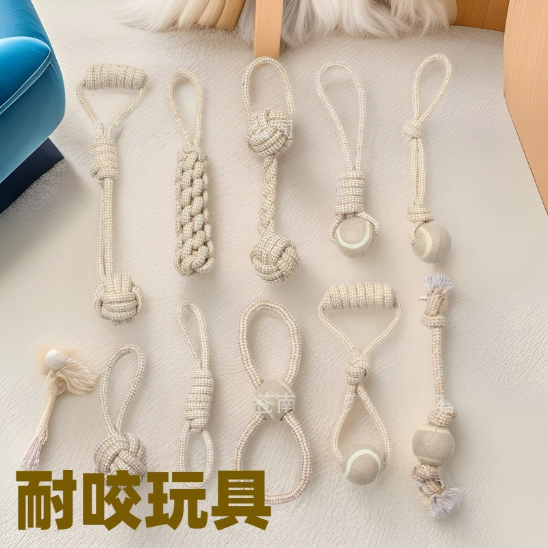 Pet dog toy teeth grinding strong boredom cleaning teeth resistant khaki braided cotton linen rope small medium and large dog set