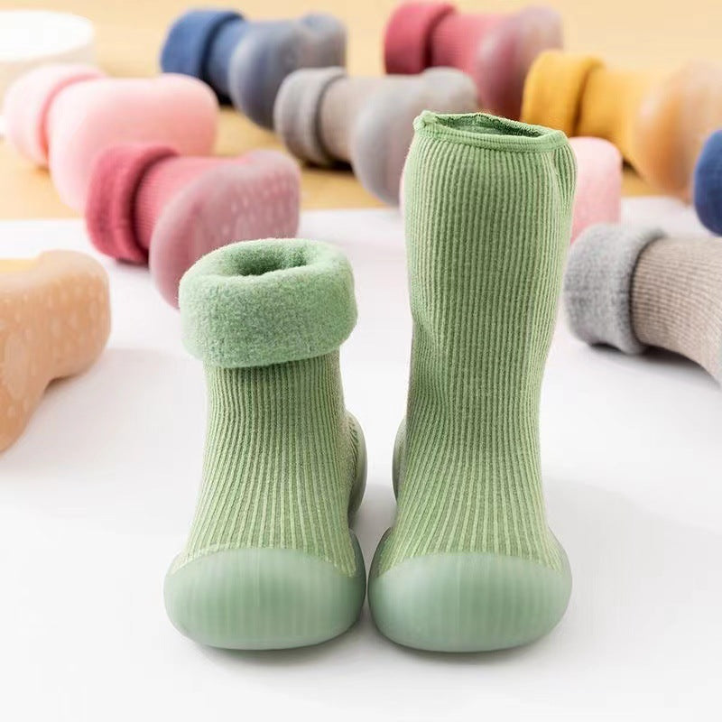 Baby learning shoes autumn and winter plus velvet thick soft bottom non-slip boys and girls baby shoes pure cotton floor socks keep warm
